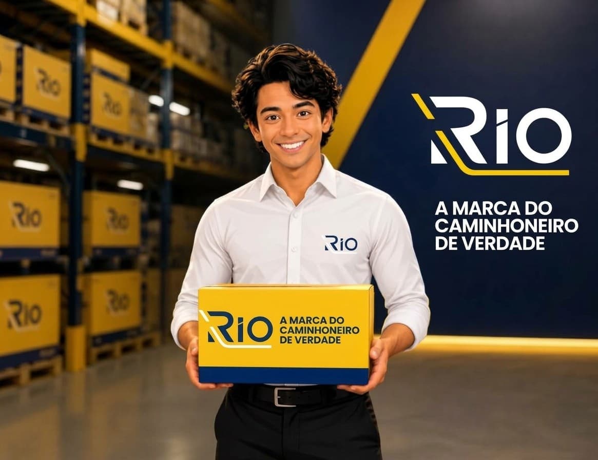 Atendente da RIO segurando uma caixa da marca em um centro de distribuição